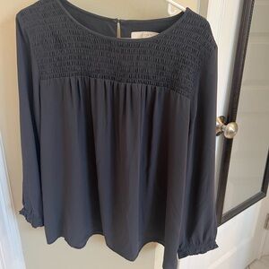LOFT Dark Grey Long Sleeve Smocked Yoke Blouse